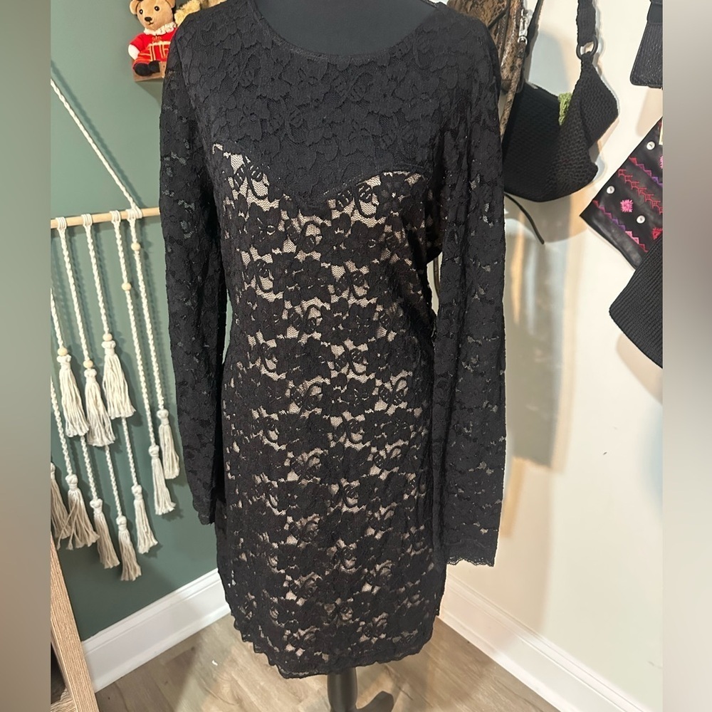 Express Black Lace Long Sleeve Mini Dress Lined Body Back Cutout Size L